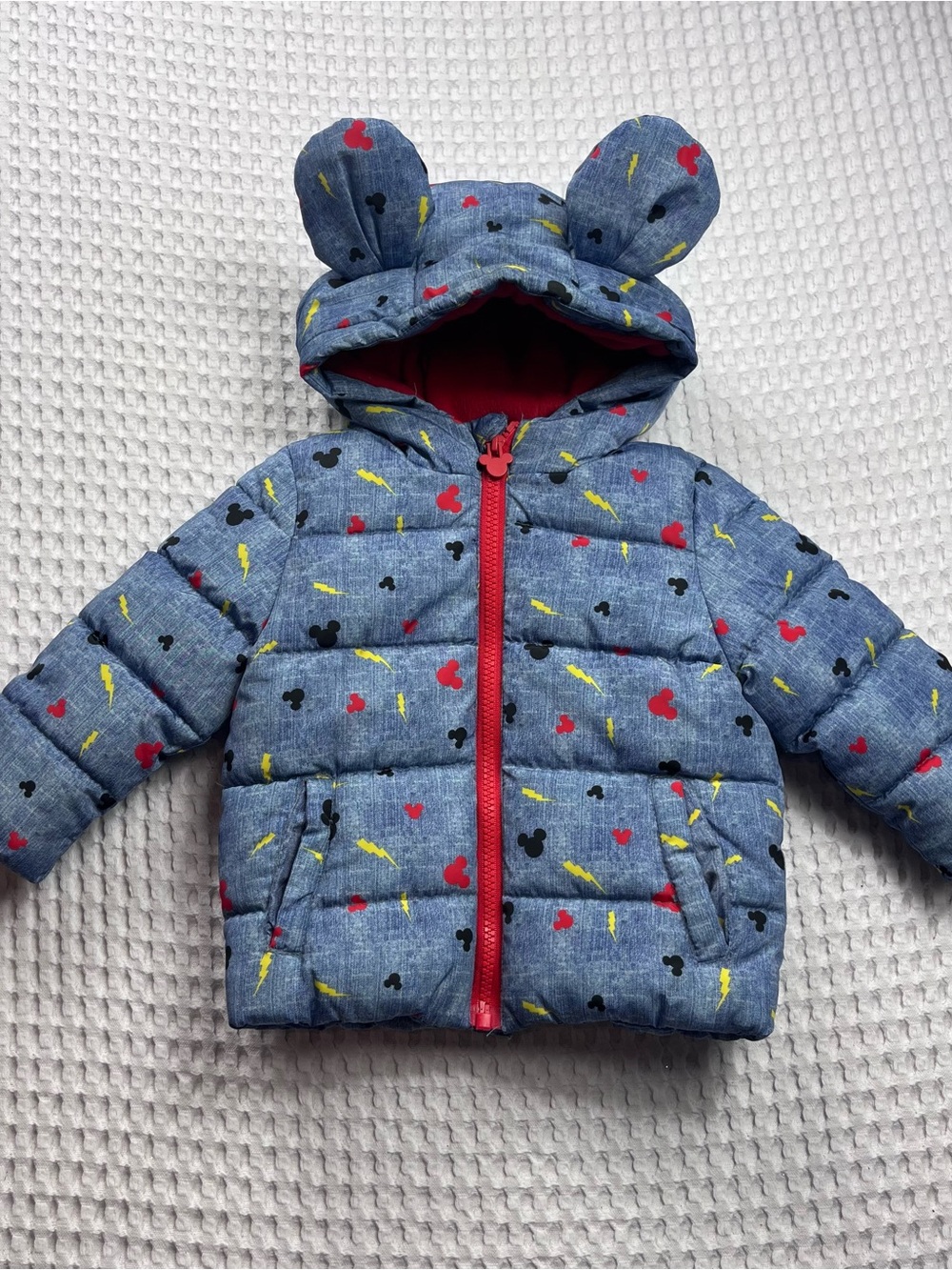 Toddler Blue Ear-Hood Quilted Puffer Jacket with Red Trim
